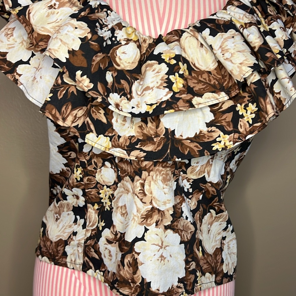 NWT Abercrombie & Fitch Black Brown poplin Floral Ruffle top crop blouse - L